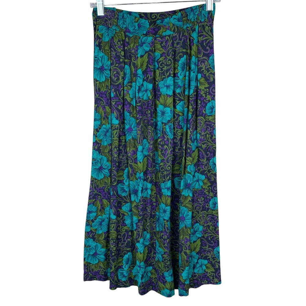 Vintage Worthington Maxi Skirt Pleated Blue Green Floral Pocket Women's 6 - Picture 6 of 8